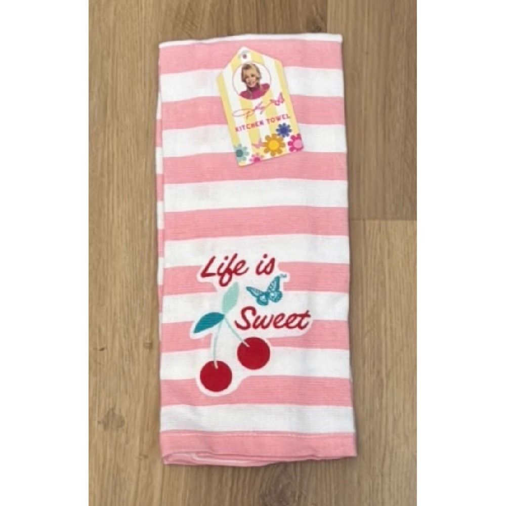 Dolly Parton Life is Sweet Pink Striped Kitchen Towel Embroidered Cherry NWT